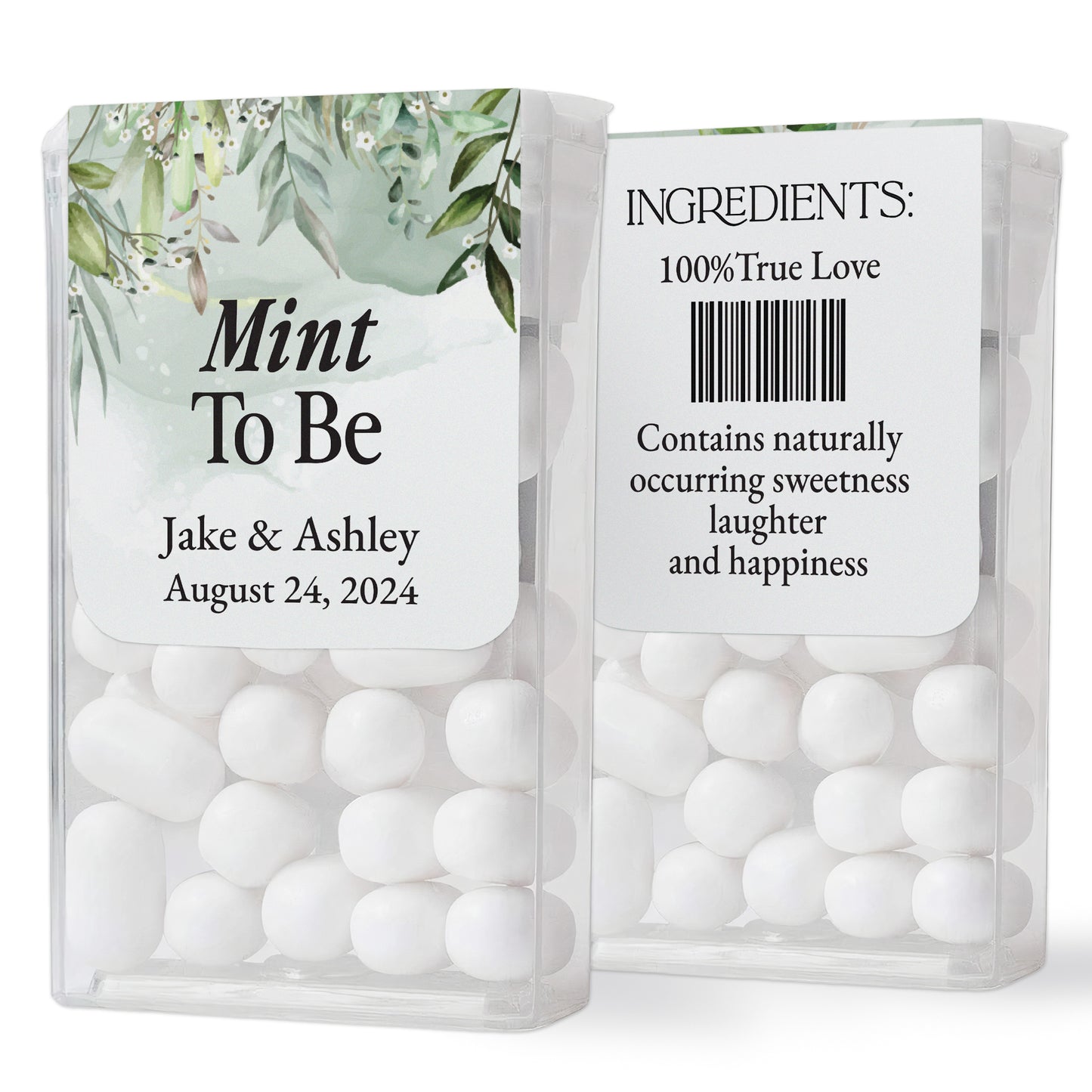 Enchanting Mint to Be stickers for Tic Tac boxes, featuring elegant greenery-colored backdrop with delicate floral branches and refined calligraphy, perfect for fairy tale-inspired wedding favors.