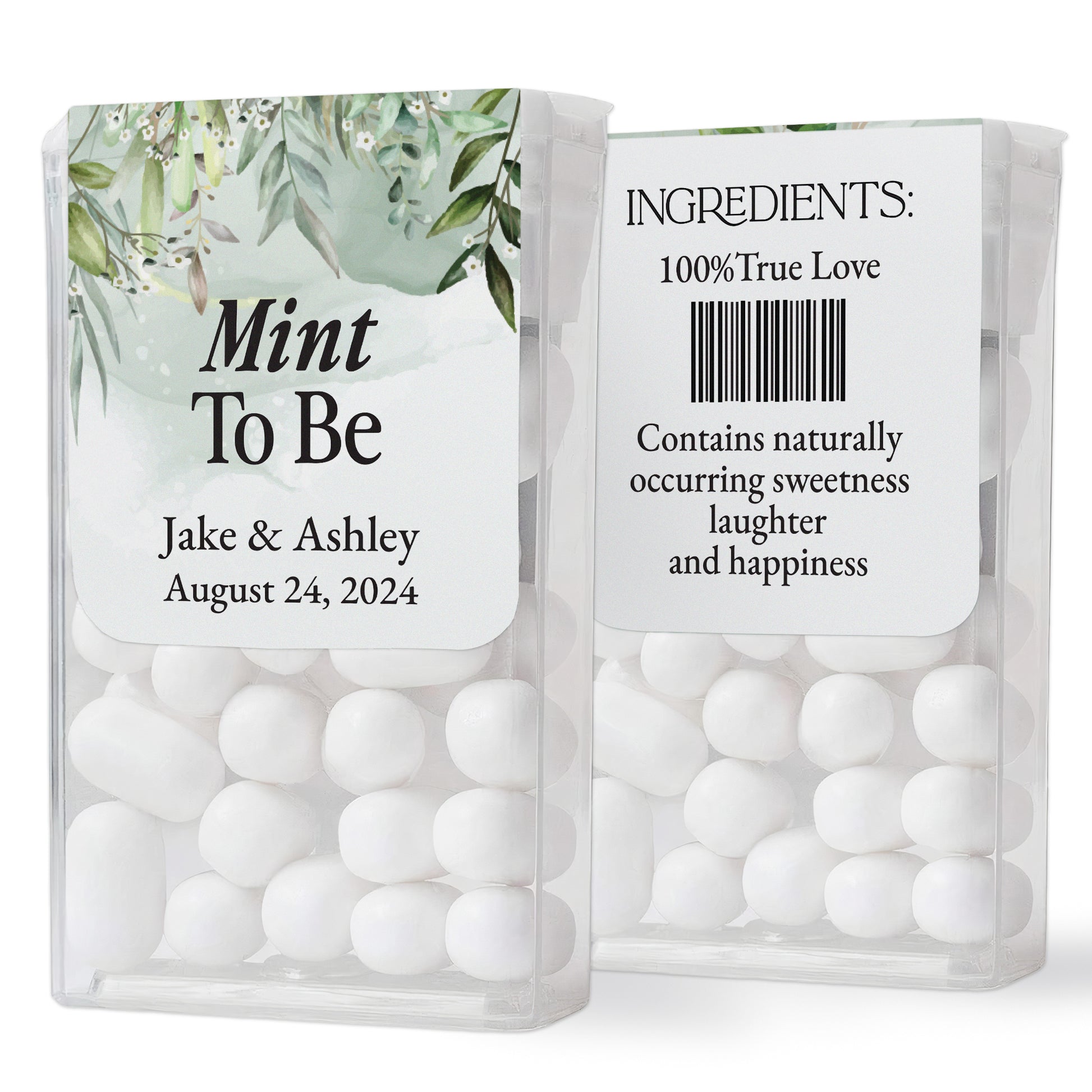 Enchanting Mint to Be stickers for Tic Tac boxes, featuring elegant greenery-colored backdrop with delicate floral branches and refined calligraphy, perfect for fairy tale-inspired wedding favors.