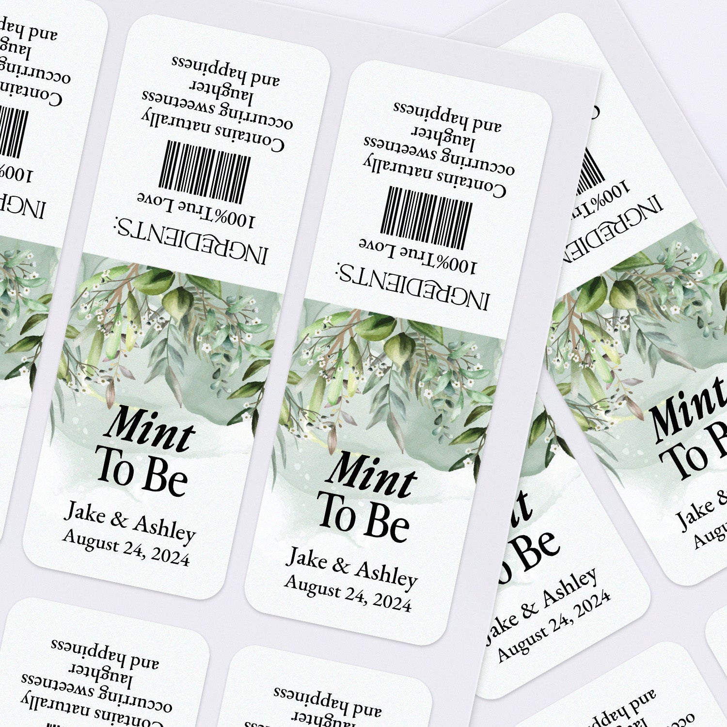XOXOKristen sheet of personalized white and greenery wedding stickers, stylish labels tailored for Tic Tac mint wedding favors.