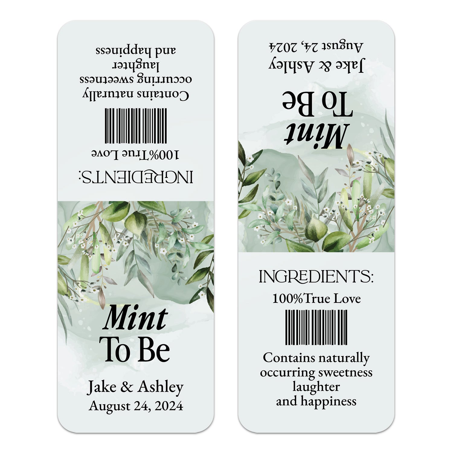 XOXOKristen single custom Tic Tac wedding label in white with delicate green leaves and modern typography, designed for personalized favors.