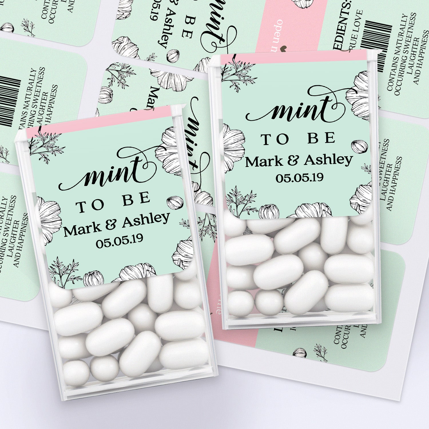 Personalized Mint To Be wedding favor label in mint green with black floral line art design, applied on Tic Tac box with white mints.