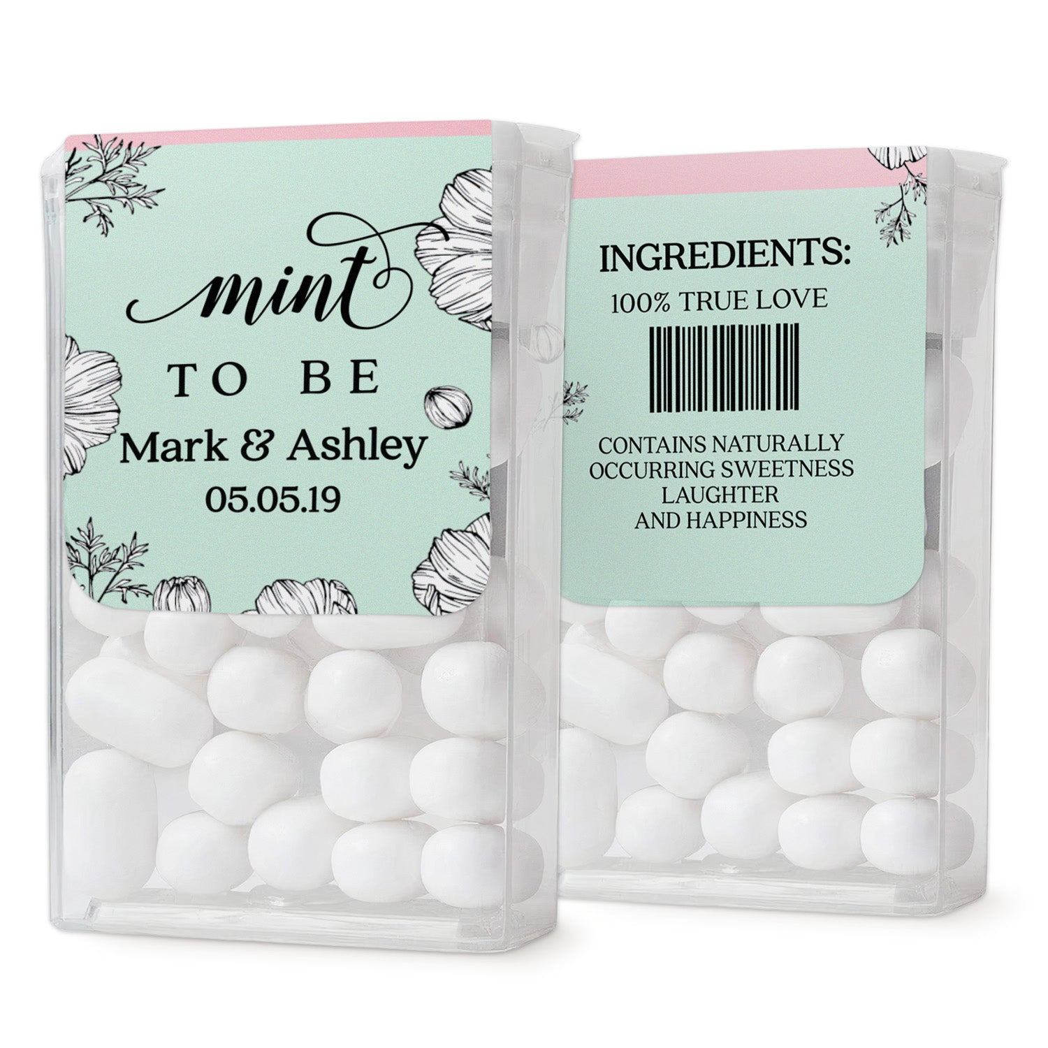 Custom Mint To Be label in pastel green and blush pink with floral illustration, displayed on front and back of Tic Tac mint container.