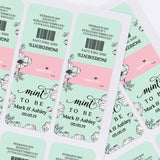 Sheet of Mint To Be personalized wedding labels in mint green and pink with botanical black floral artwork for DIY Tic Tac favors.