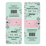 Single Mint To Be personalized label in mint green background with blush pink stripe and floral line art, designed for Tic Tac favors.