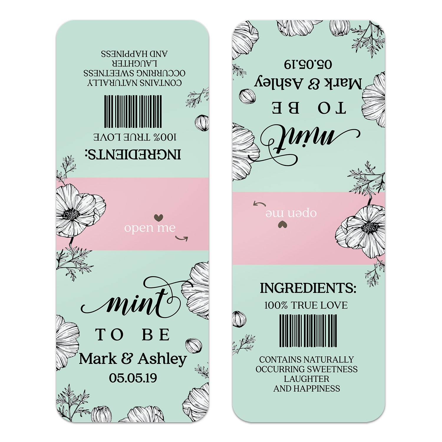 Single Mint To Be personalized label in mint green background with blush pink stripe and floral line art, designed for Tic Tac favors.