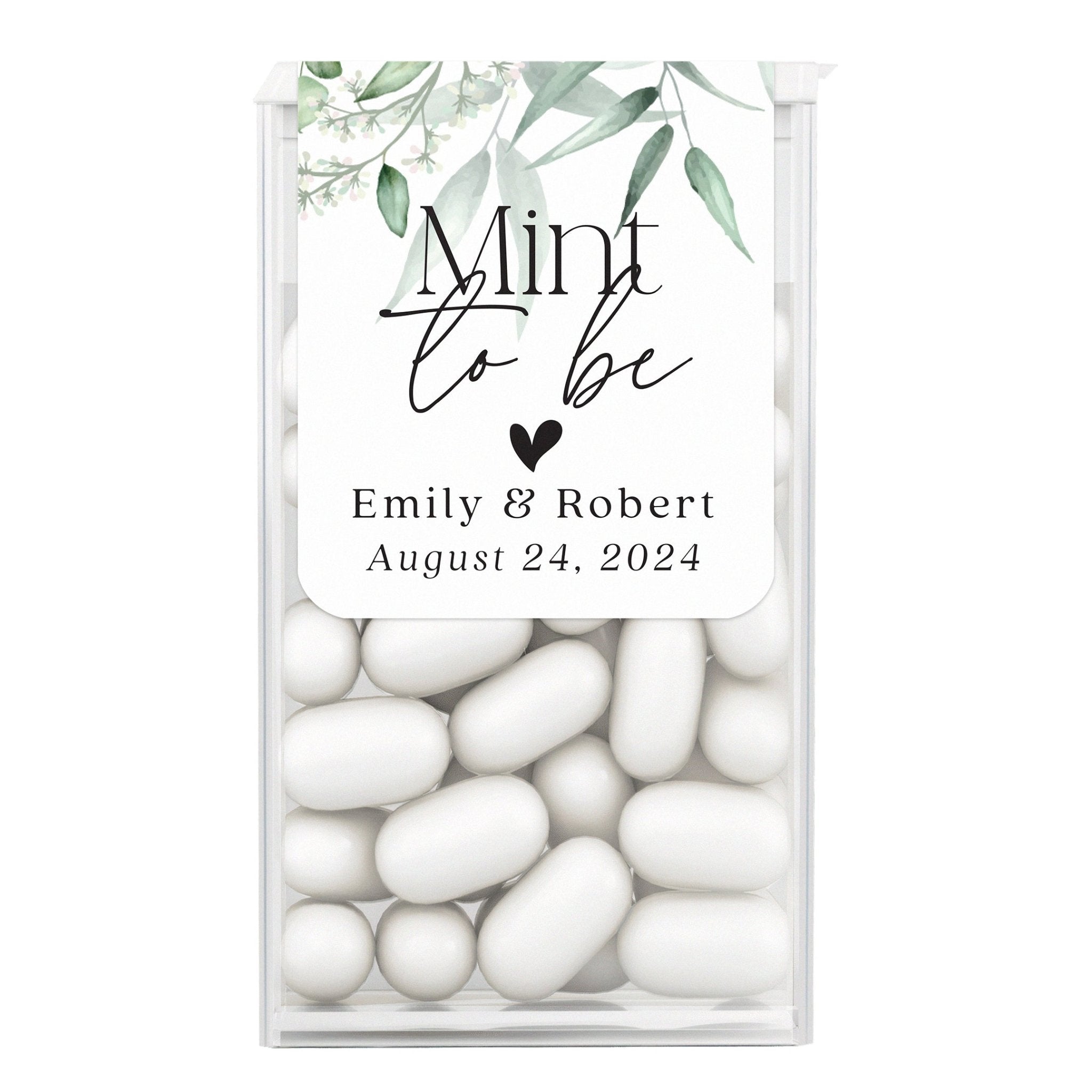 XOXOKristen personalized Mint to Be wedding stickers with white background and eucalyptus greenery, custom labels for Tic Tac favors