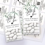 XOXOKristen personalized Mint to Be wedding stickers with white background and eucalyptus greenery, custom labels for Tic Tac favors