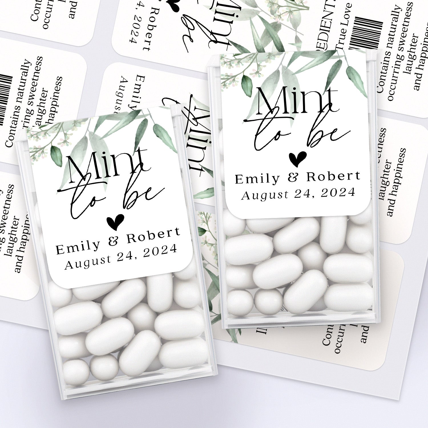 XOXOKristen personalized Mint to Be wedding stickers with white background and eucalyptus greenery, custom labels for Tic Tac favors
