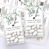 XOXOKristen personalized Mint to Be wedding stickers with white background and eucalyptus greenery, custom labels for Tic Tac favors