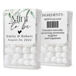 XOXOKristen custom wedding Tic Tac labels featuring minimal white design with soft green leaves, elegant style for personalized favors.