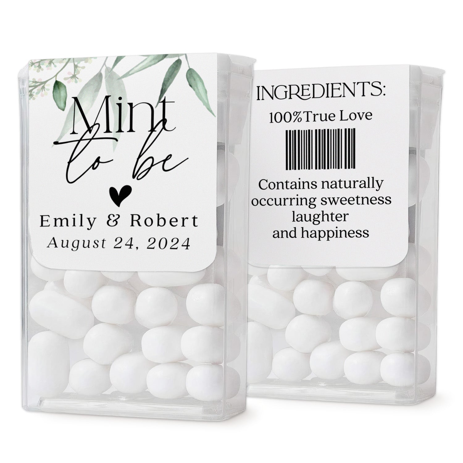 XOXOKristen custom wedding Tic Tac labels featuring minimal white design with soft green leaves, elegant style for personalized favors.