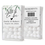 XOXOKristen custom wedding Tic Tac labels featuring minimal white design with soft green leaves, elegant style for personalized favors.