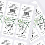 XOXOKristen sheet of Mint to Be personalized stickers in white and eucalyptus theme, designed to wrap Tic Tac containers for weddings.