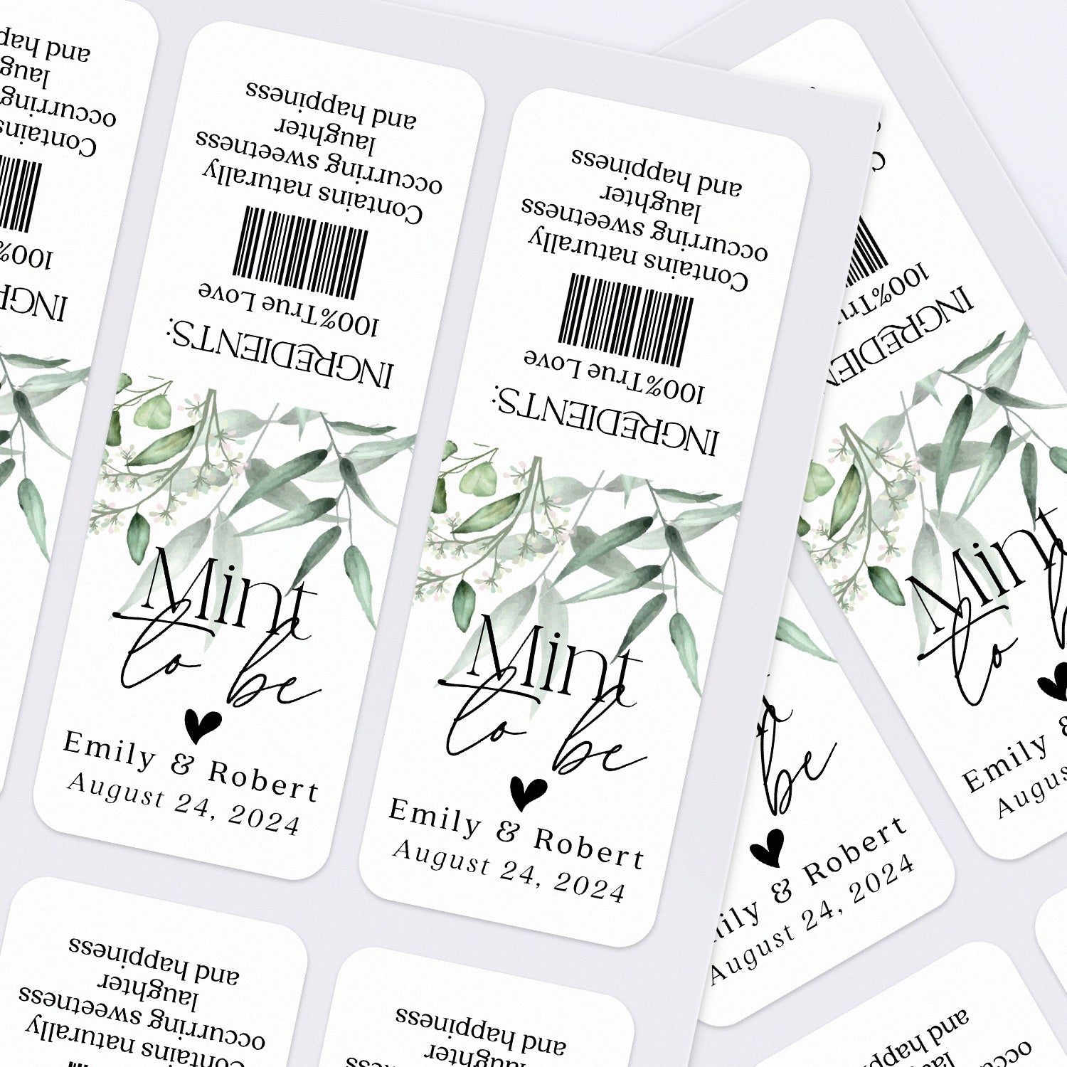 XOXOKristen sheet of Mint to Be personalized stickers in white and eucalyptus theme, designed to wrap Tic Tac containers for weddings.