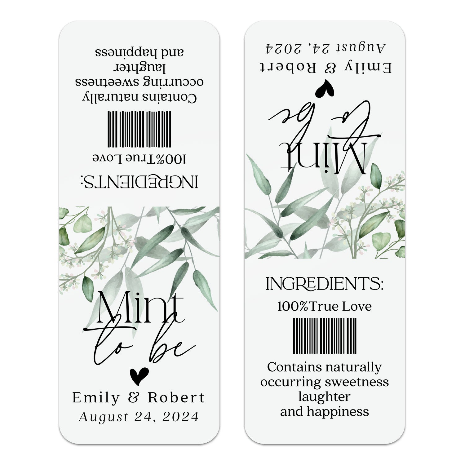 XOXOKristen single Mint to Be wedding favor label with clean white background and eucalyptus greenery, custom design for mint boxes.