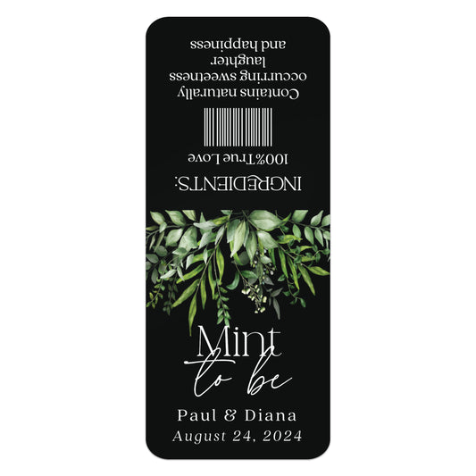 Contemporary Mint to Be stickers for Tic Tac boxes, featuring striking black backdrop with elegant eucalyptus flowers and white calligraphy, perfect for modern rustic wedding favors - XOXOKristen