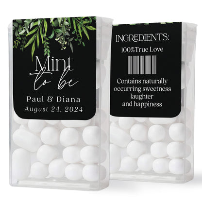 Contemporary Mint to Be stickers for Tic Tac boxes, featuring striking black backdrop with elegant eucalyptus flowers and white calligraphy, perfect for modern rustic wedding favors - XOXOKristen
