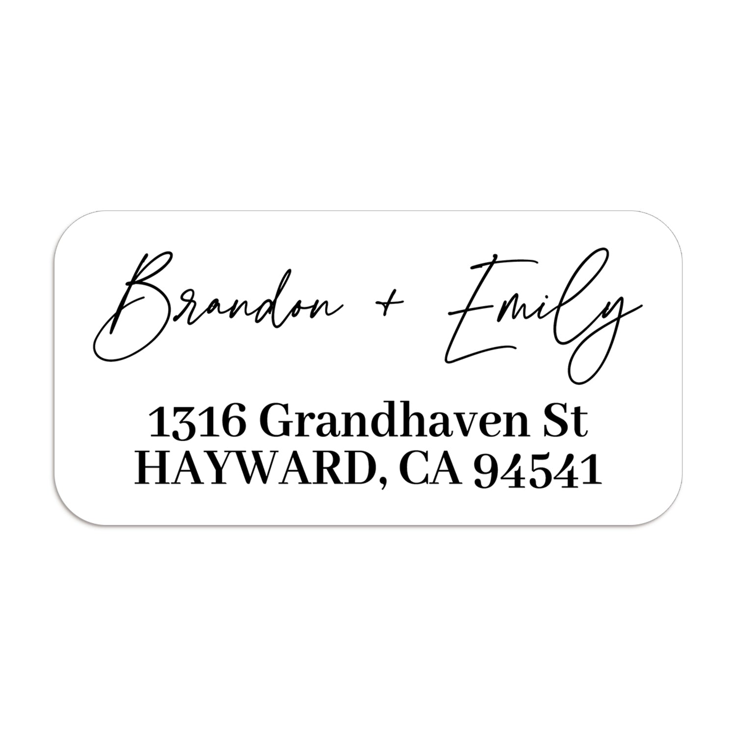 XOXOKristen personalized modern return address label with white background, elegant black script names, and bold serif address text - XOXOKristen