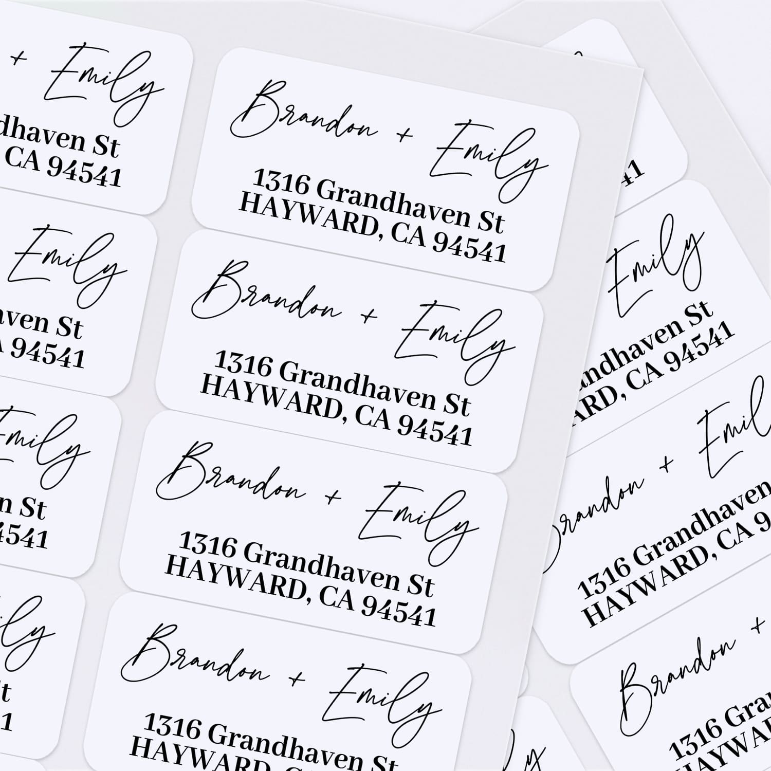 XOXOKristen sheet of multiple return address labels with minimal modern design, black lettering, and personalized details - XOXOKristen