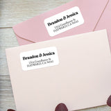 XOXOKristen custom return address stickers with classic typography on white label, applied to light pink envelopes – XOXOKristen