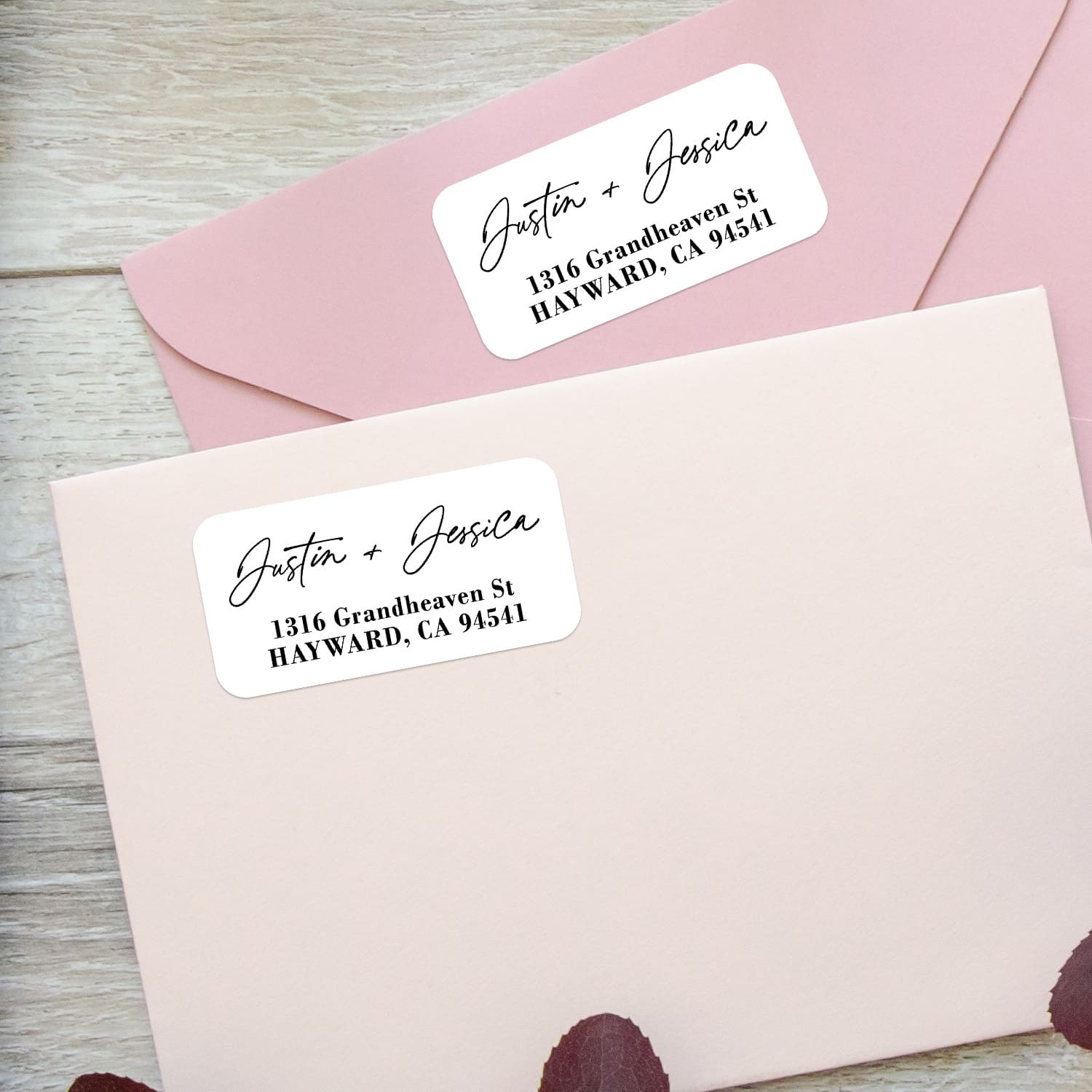XOXOKristen personalized address labels in bulk sheets, featuring romantic script font for names and serif type for address details – XOXOKristen