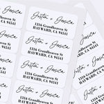 XOXOKristen custom address labels in elegant black handwritten script paired with serif font, applied to burgundy and blush envelopes – XOXOKristen