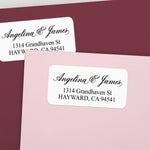 XOXOKristen custom script address labels featuring elegant calligraphy names and serif address details on white stickers with rounded corners – XOXOKristen