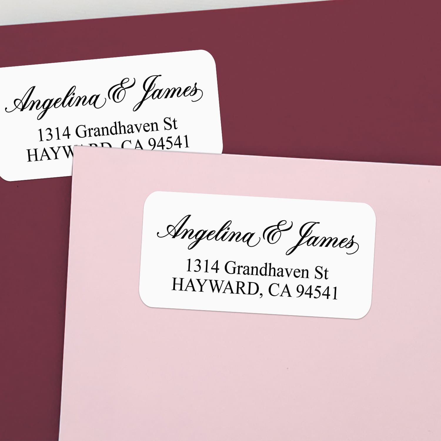 XOXOKristen custom script address labels featuring elegant calligraphy names and serif address details on white stickers with rounded corners – XOXOKristen