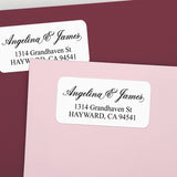 XOXOKristen custom script address labels featuring elegant calligraphy names and serif address details on white stickers with rounded corners – XOXOKristen