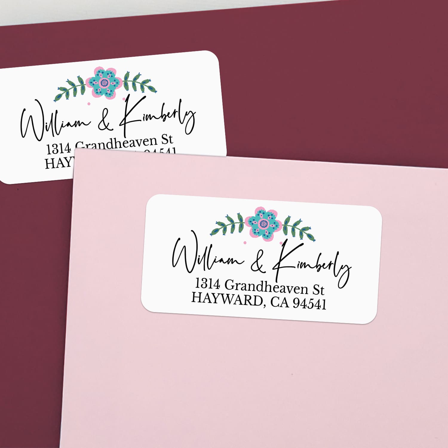 XOXOKristen personalized floral return address label with white background, teal and pink flower illustration, and elegant black script text - XOXOKristen