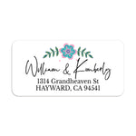 XOXOKristen close-up of return address label with bright teal flower, leafy sprigs, and bold black lettering on white background - XOXOKristen