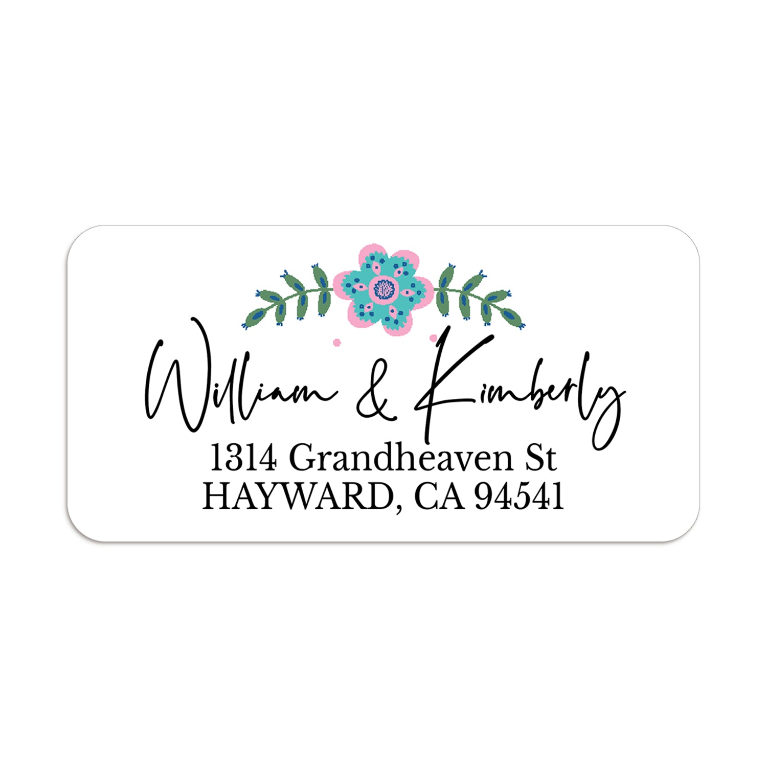 XOXOKristen close-up of return address label with bright teal flower, leafy sprigs, and bold black lettering on white background - XOXOKristen