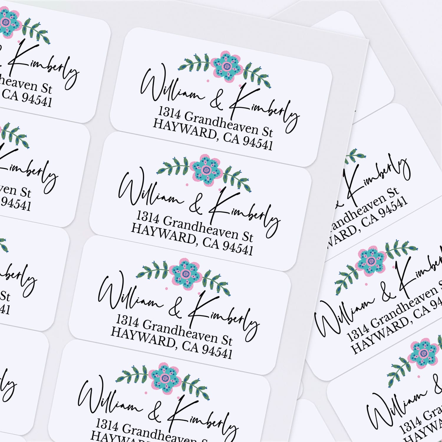 XOXOKristen sheet of multiple floral return address labels with rounded edges, colorful flower design, and personalized text - XOXOKristen