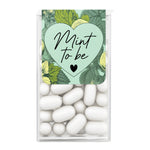 XOXOKristen “Mint to Be” wedding favor label with lush green botanical leaves and central white heart design, applied to mint box – XOXOKristen
