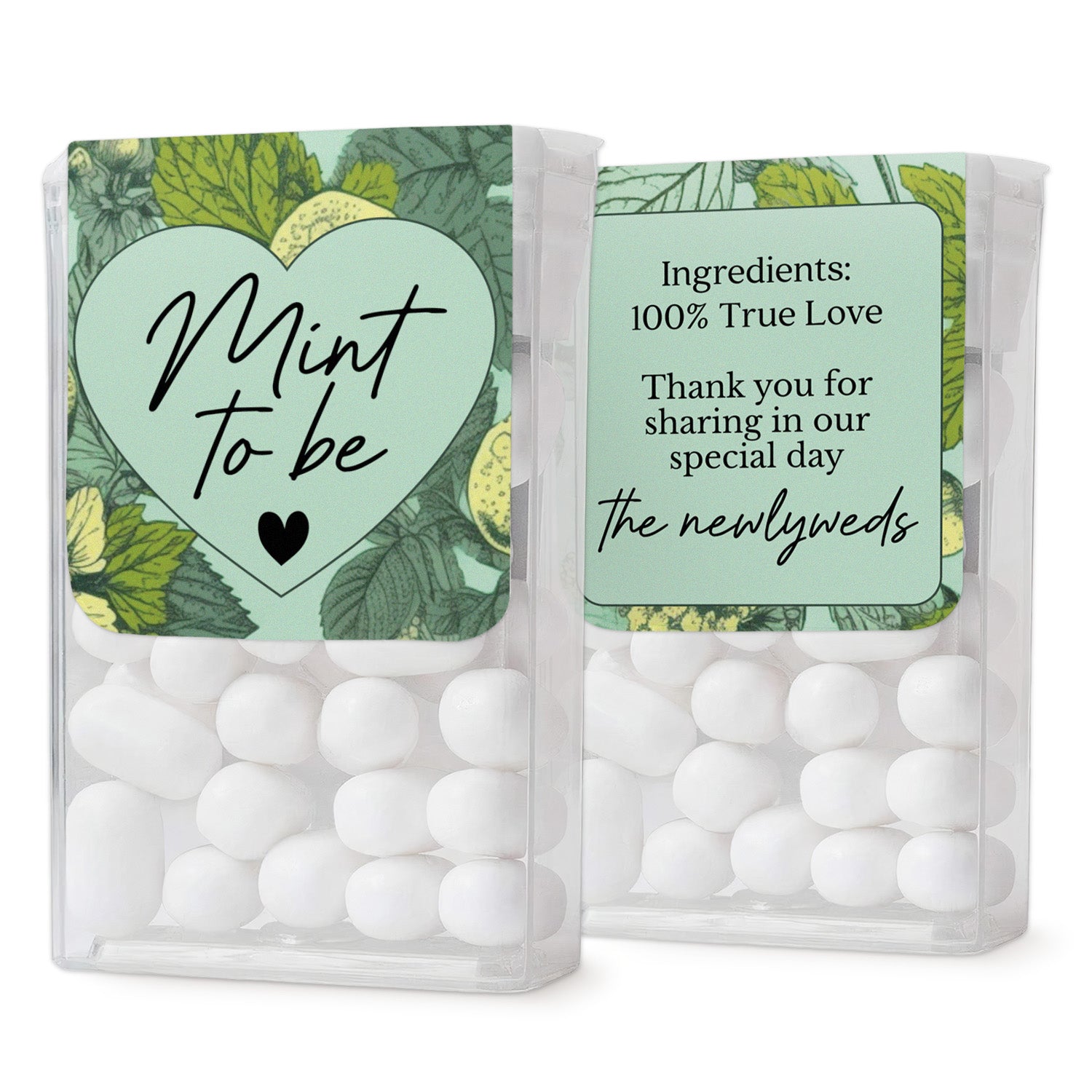XOXOKristen green foliage wedding favor labels featuring a white heart center with “Mint to Be” typography and back label with ingredients – XOXOKristen