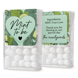 XOXOKristen green foliage wedding favor labels featuring a white heart center with “Mint to Be” typography and back label with ingredients – XOXOKristen