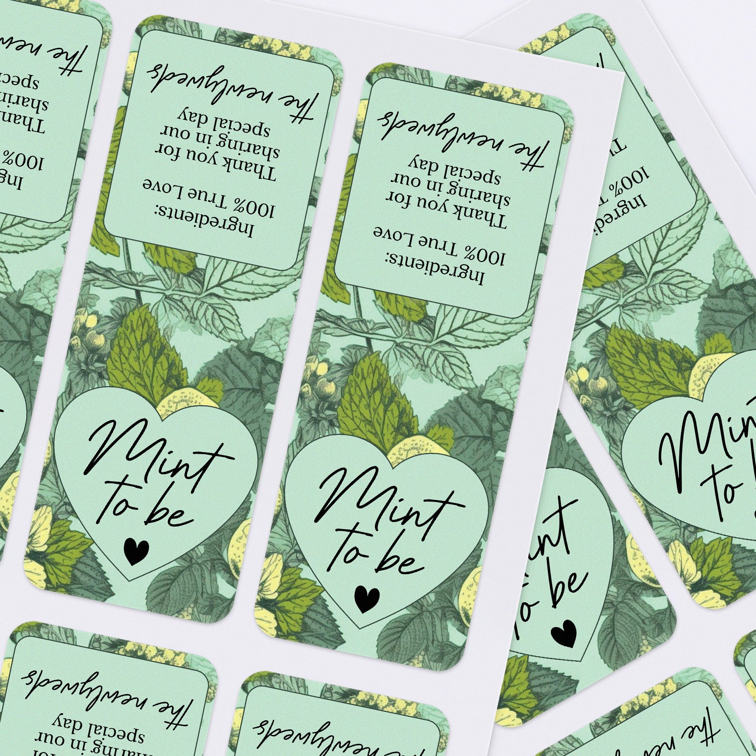 XOXOKristen bulk sheets of botanical “Mint to Be” wedding labels with leafy accents and heart motif, perfect for mint boxes – XOXOKristen