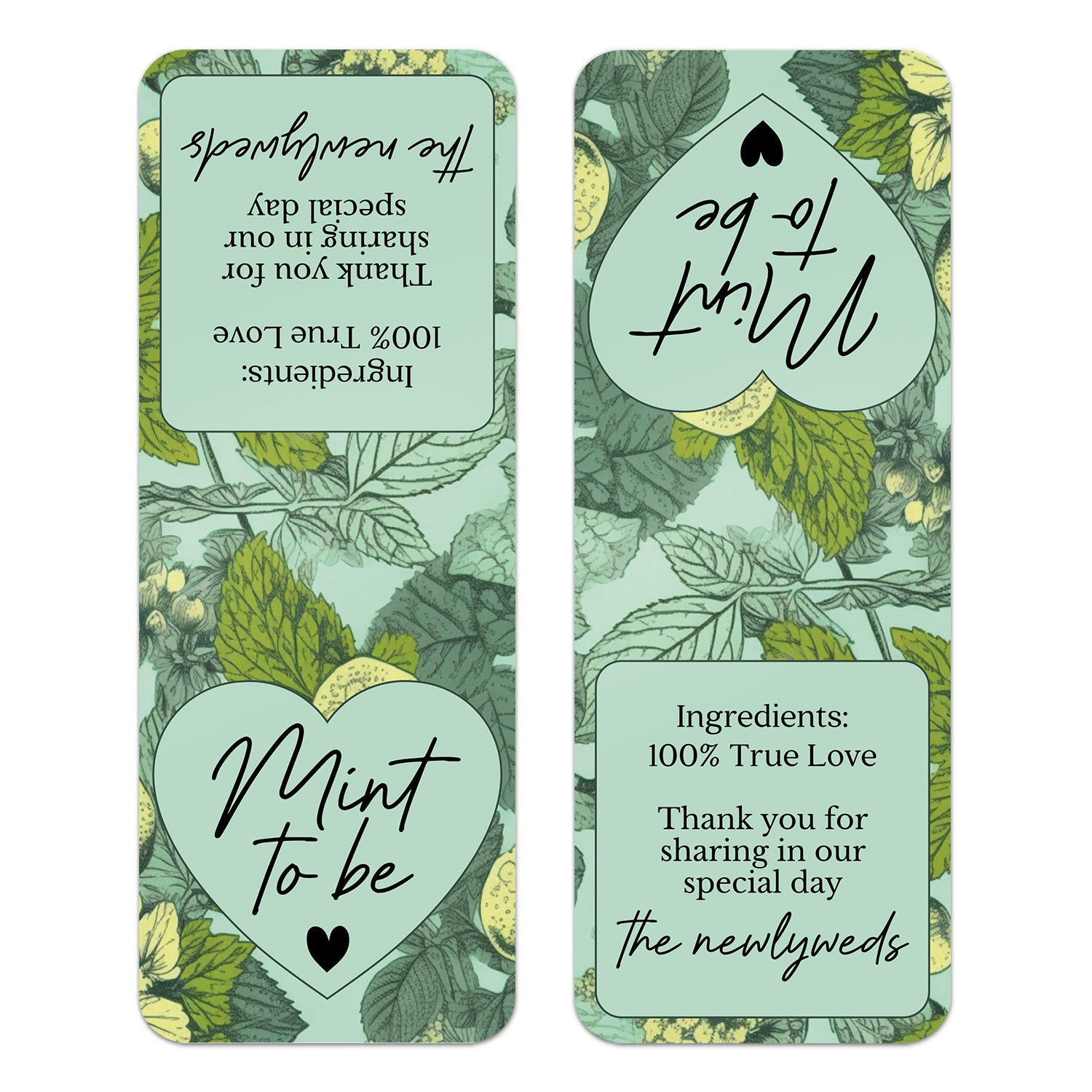 XOXOKristen custom green botanical “Mint to Be” favor stickers with foliage pattern, romantic typography, and pastel pink heart accent – XOXOKristen