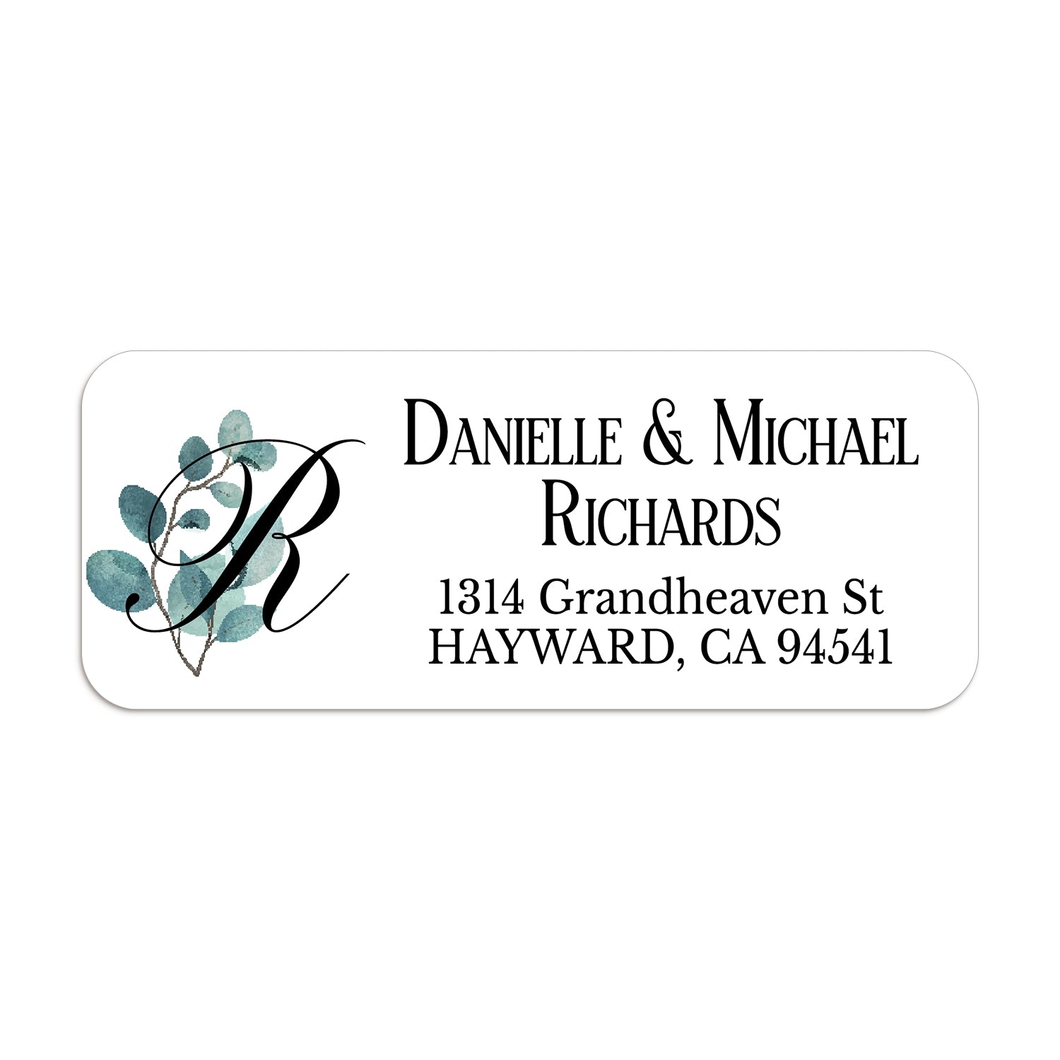 Close-up of personalized return address label with leafy eucalyptus watercolor accent and bold serif font for names and address - XOXOKristen