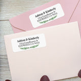 Close-up of return address label featuring realistic pine branch greenery and bold black text on a crisp white background - XOXOKristen
