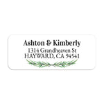 Close-up of return address label featuring realistic pine branch greenery and bold black text on a crisp white background - XOXOKristen
