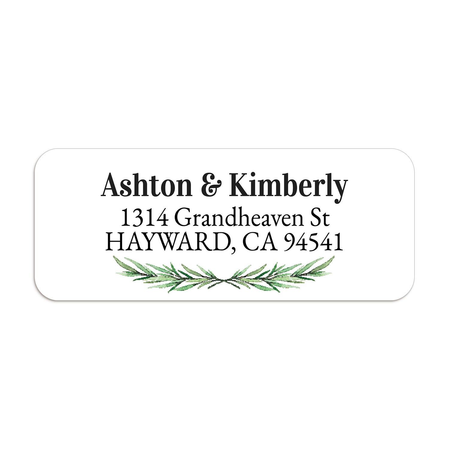 Close-up of return address label featuring realistic pine branch greenery and bold black text on a crisp white background - XOXOKristen