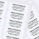 Sheet of personalized pine-themed return address stickers with green botanical accents and formal typography, ideal for weddings and holiday mailings - XOXOKristen