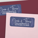 Personalized navy rectangular return address label with delicate laurel leaf design in soft gray and modern white calligraphy text - XOXOKristen