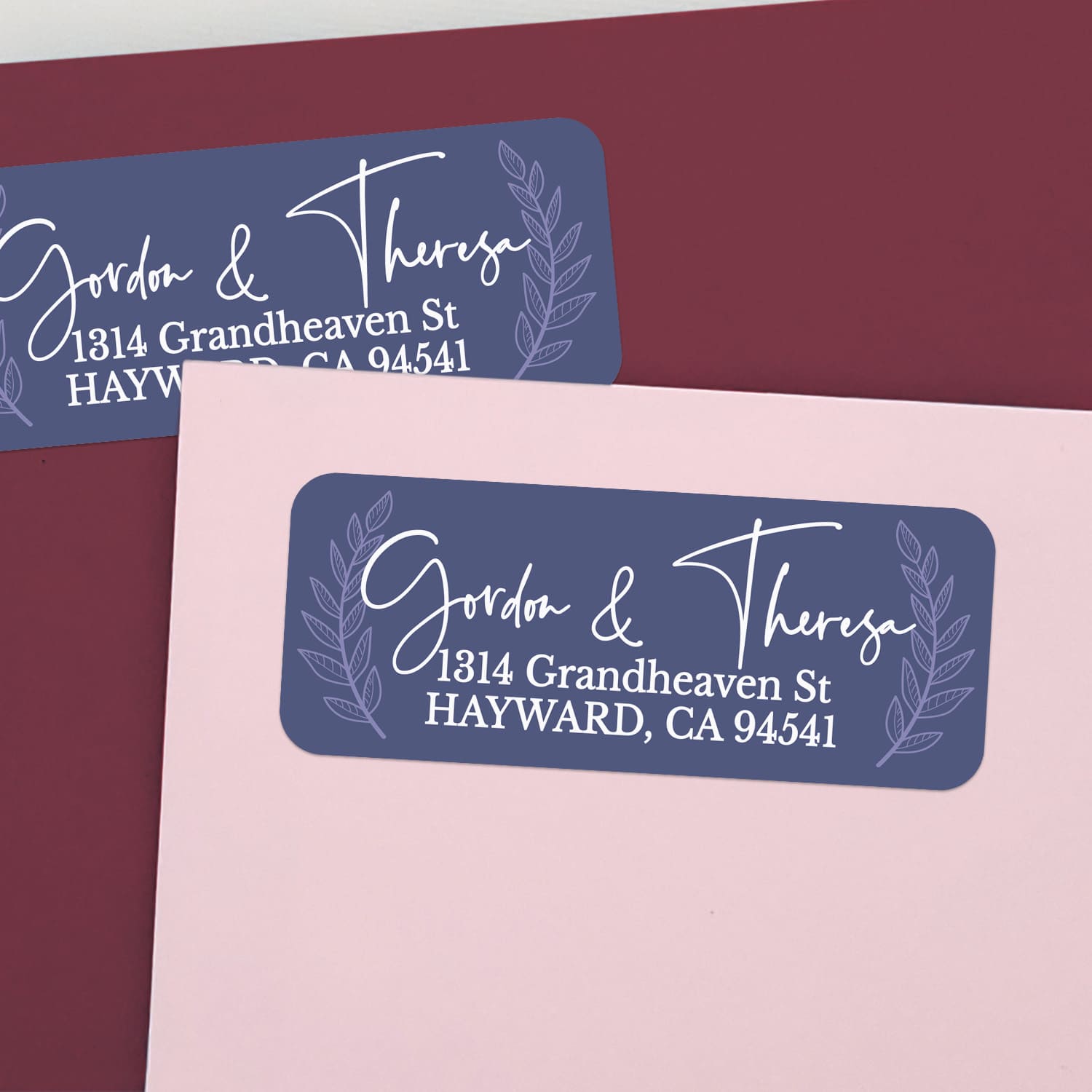 Personalized navy rectangular return address label with delicate laurel leaf design in soft gray and modern white calligraphy text - XOXOKristen