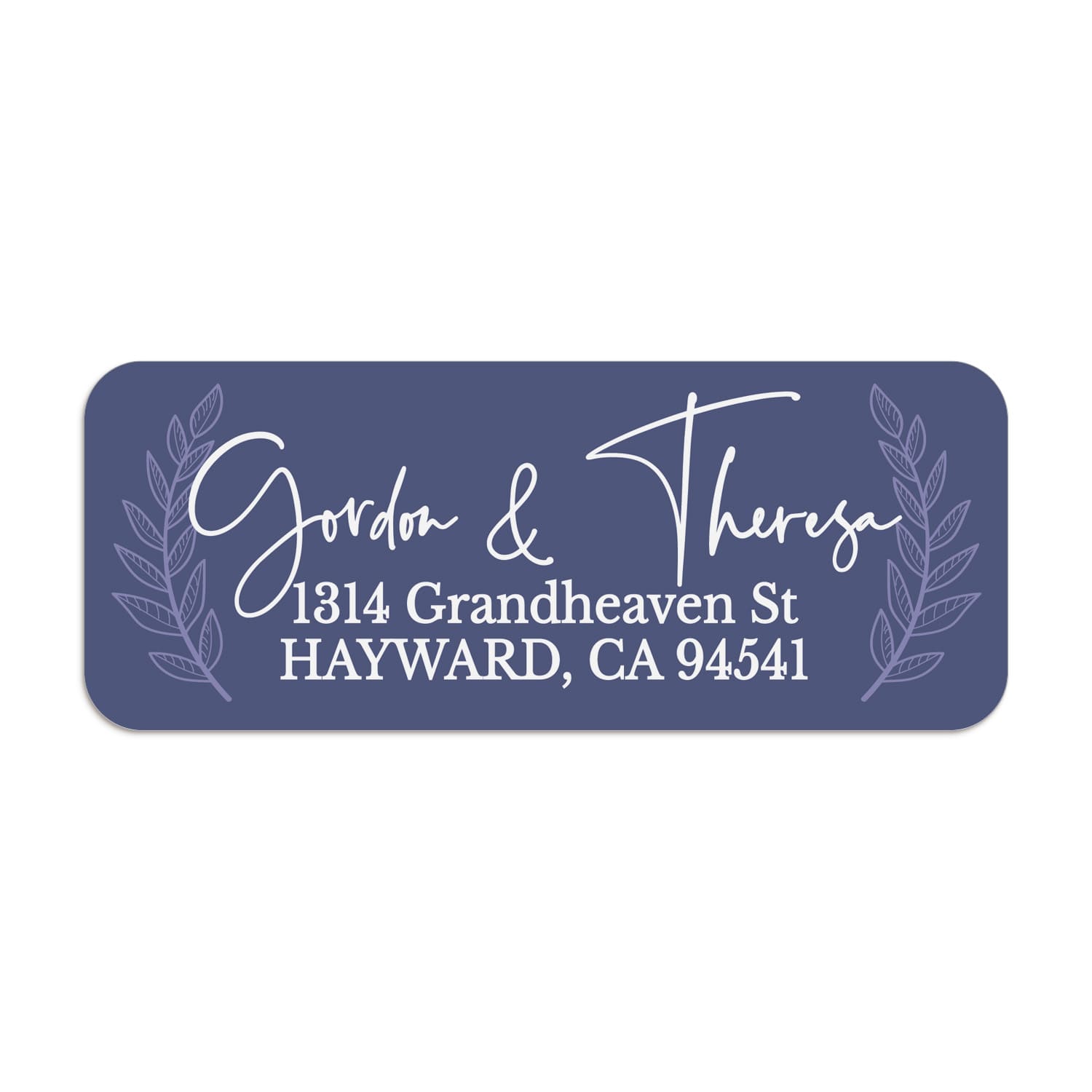 Close-up of custom navy return address label with laurel leaves framing elegant white script typography, printed on rectangular sticker - XOXOKristen