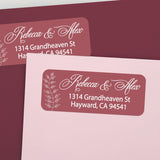 Custom return address labels on pink and burgundy envelopes, featuring burgundy background with floral vine accents and elegant white text - XOXOKristen