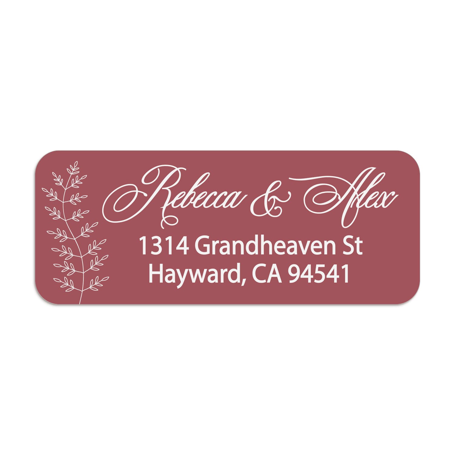 Close-up of burgundy return address sticker with graceful white calligraphy script and botanical branch motif, printed on rectangular label - XOXOKristen