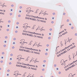 Sheet of personalized pink return address labels with floral accents and modern script font, perfect for weddings, parties, and everyday mailing - XOXOKristen