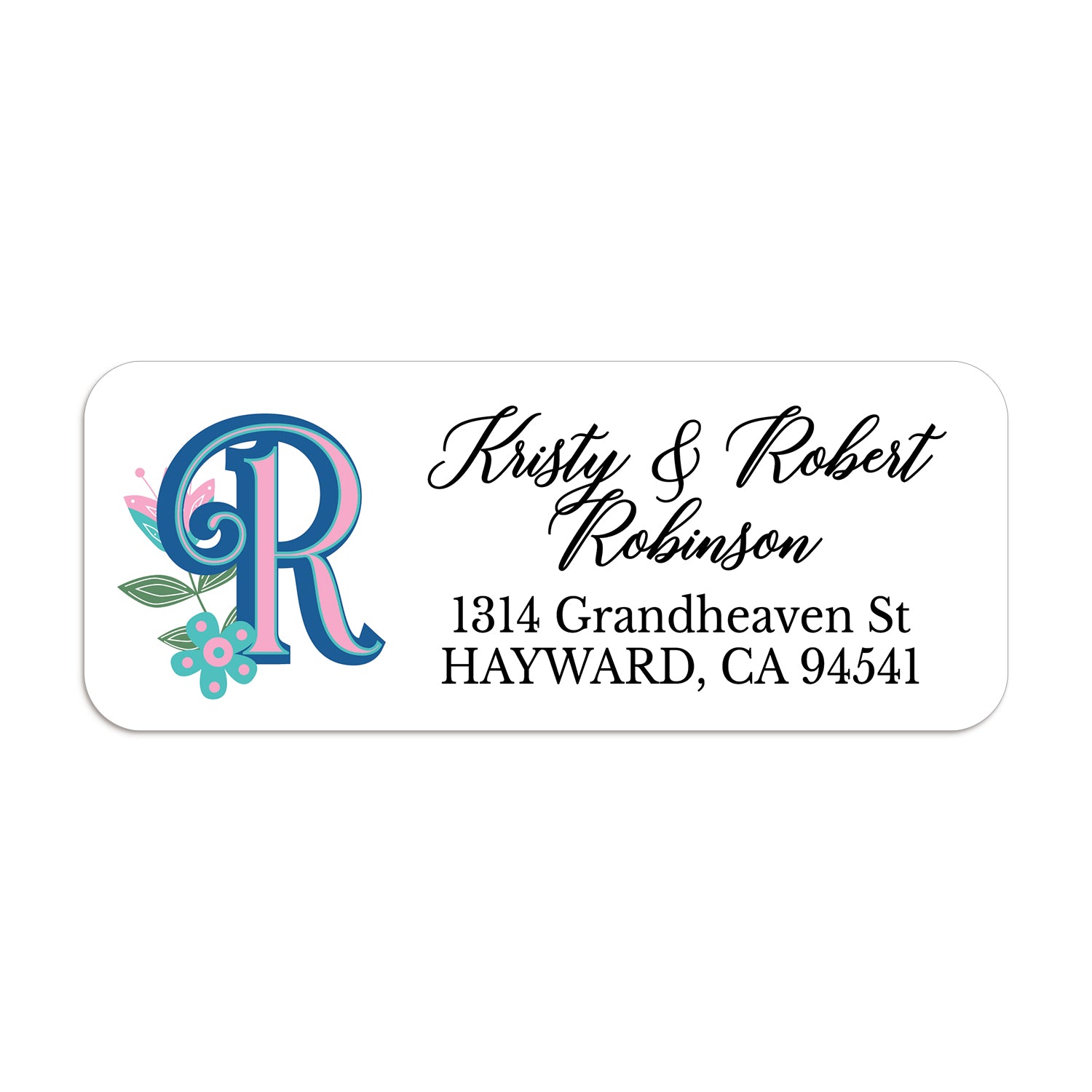Personalized return address label with bold blue and pink custom monogram and teal floral accents on white background - XOXOKristen